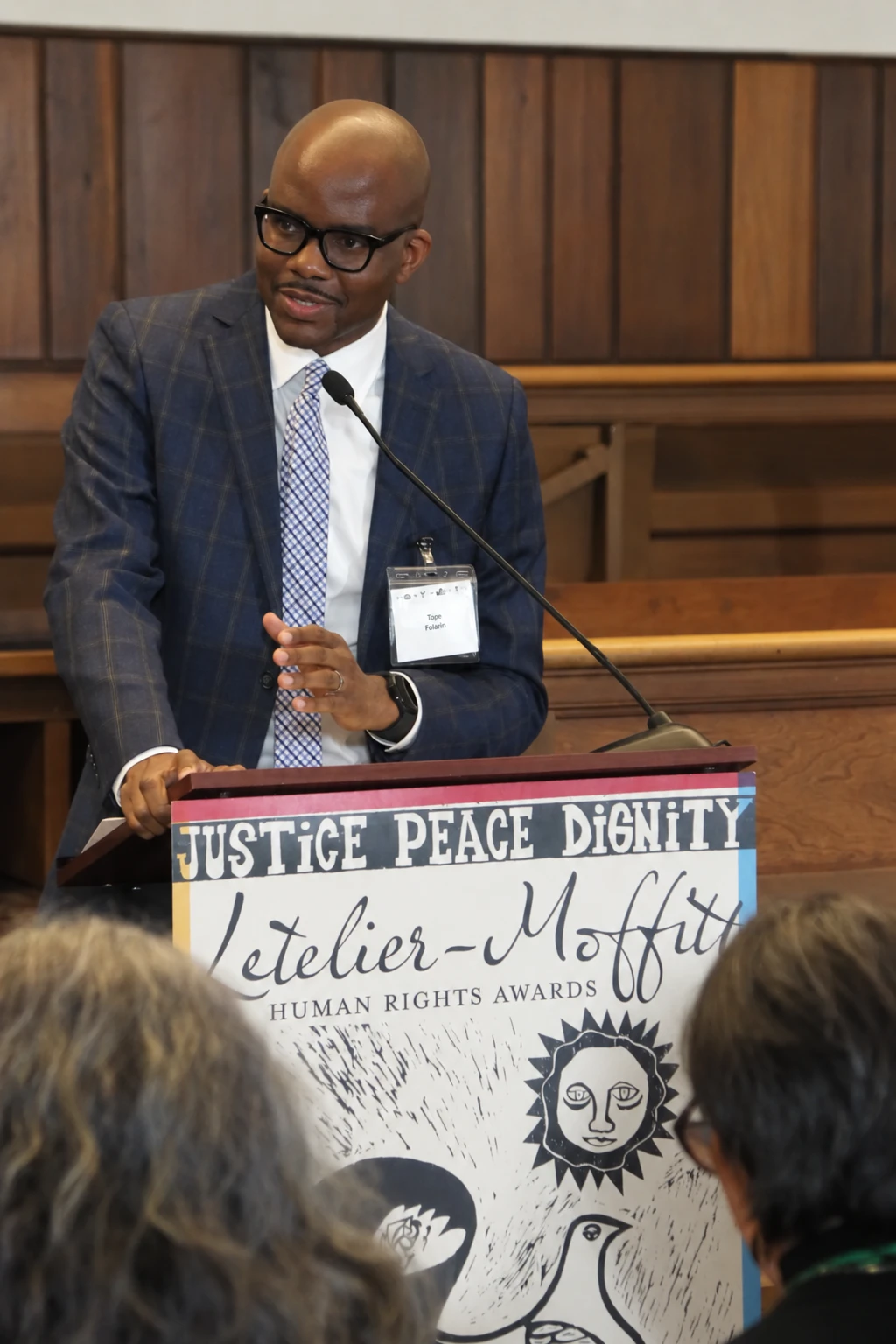 Tope Folarin speaking at the Letelier–Moffitt Human Rights Awards.
